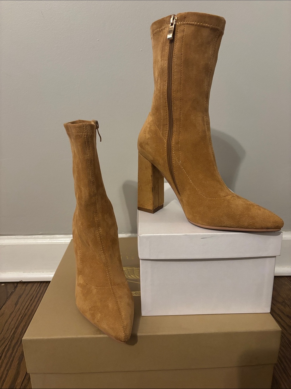 Women's Tan Suede Pointed-Toe Block Heel Mid-Calf Boots
